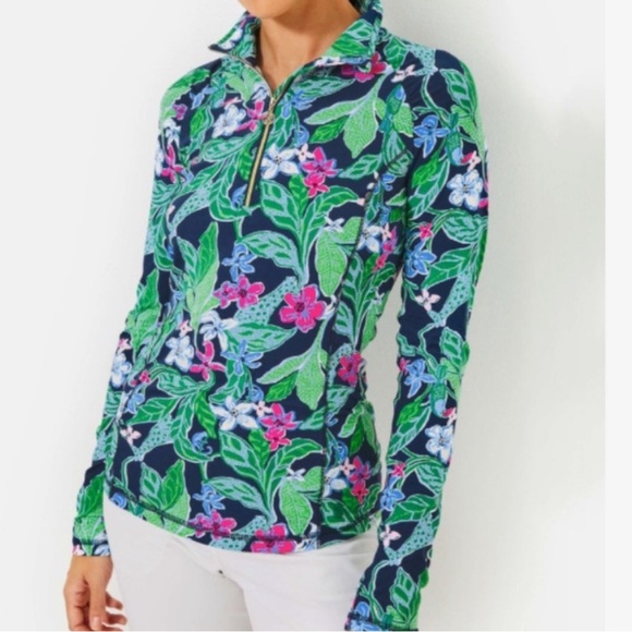 Lilly Pulitzer Tops - Lilly Pulitzer Navy Floral Half-Zip Long Sleeve Top